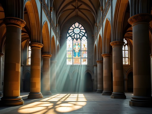 Dramatic light beams through stained glass windows in Basilica of Saint Servatius, Maastricht
