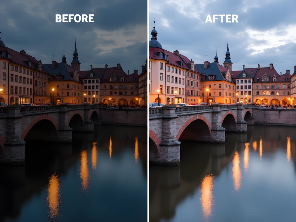 Before and after editing comparison of Maastricht cityscape photo showing subtle enhancement techniques