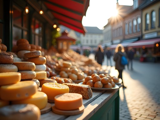 Vibrant food displays at Vrijthof Square weekend market in Maastricht with historic buildings in background