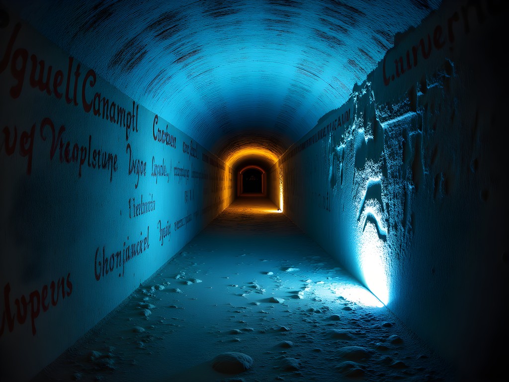 Light-painted limestone walls showing ancient carvings in Maastricht's underground cave system