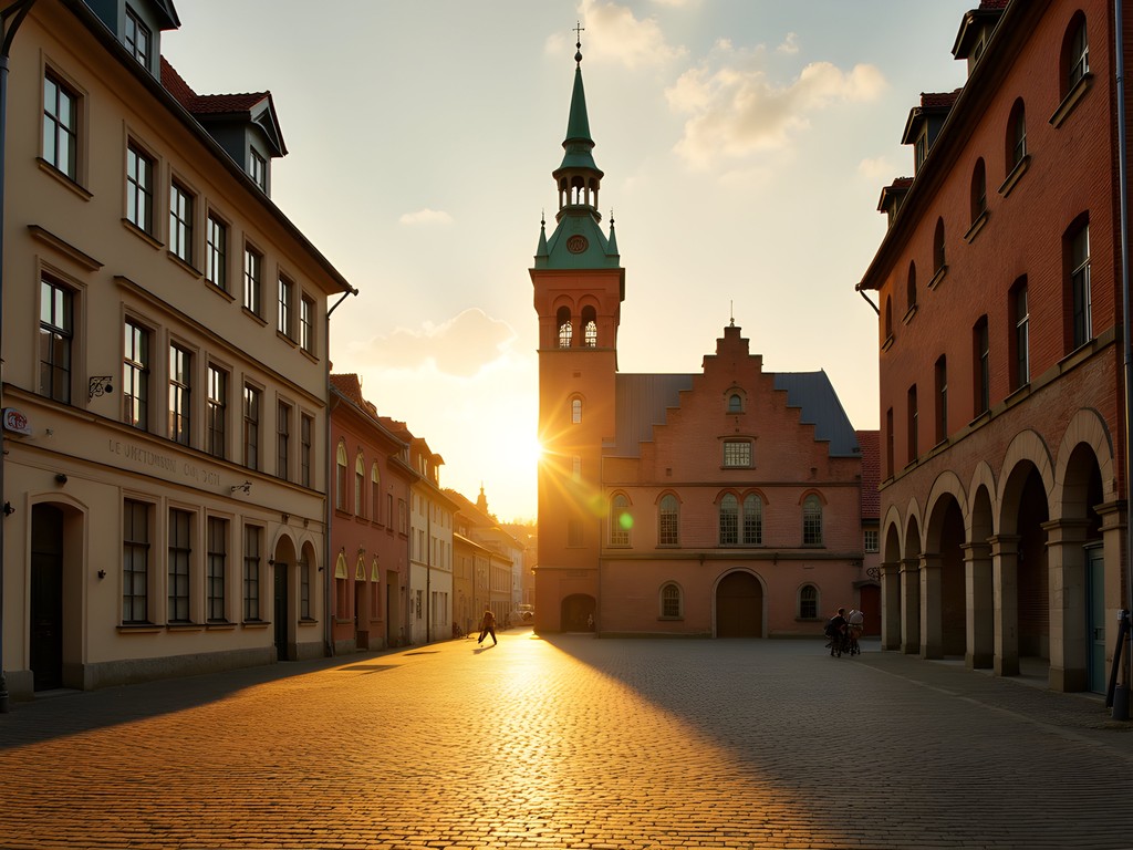 Vrijthof Square in Maastricht bathed in golden morning light with Sint Janskerk's red tower