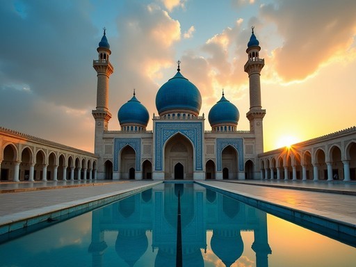 The Blue Mosque of Mazar-i-Sharif at sunrise with golden light illuminating its azure domes