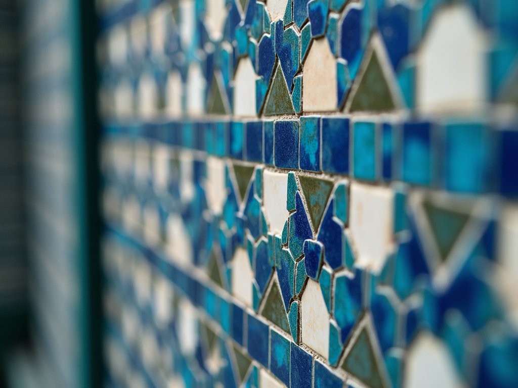 Close-up detail of intricate geometric blue tile patterns on the Blue Mosque walls
