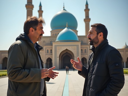 Film director Avery Gordon discussing photography with local guide at the Blue Mosque in Mazar-i-Sharif