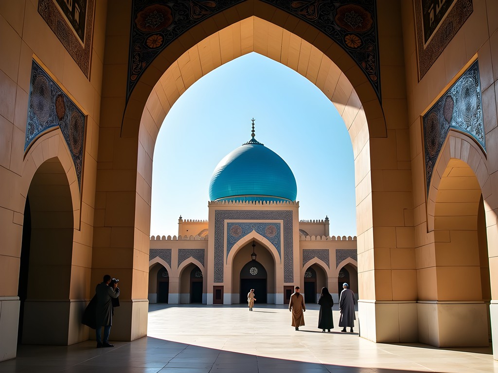 Blue Mosque in Mazar-i-Sharif framed through an ornate archway with worshippers in foreground