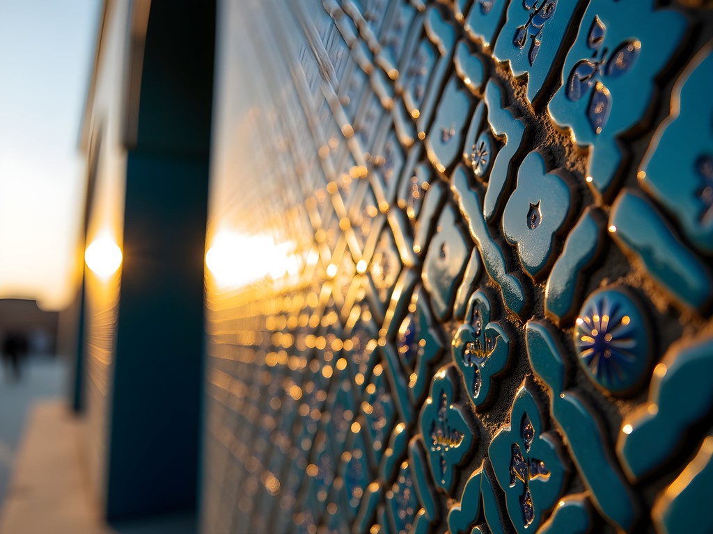 Close-up details of blue tile mosaics on the Blue Mosque during golden hour