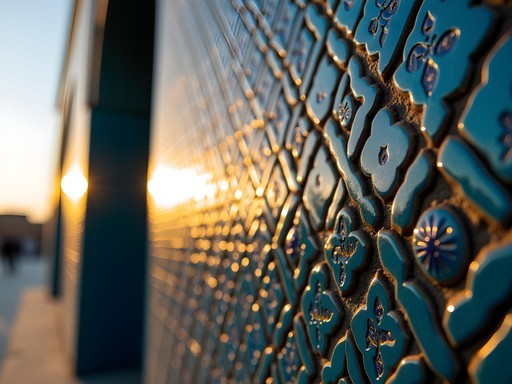 Close-up details of blue tile mosaics on the Blue Mosque during golden hour