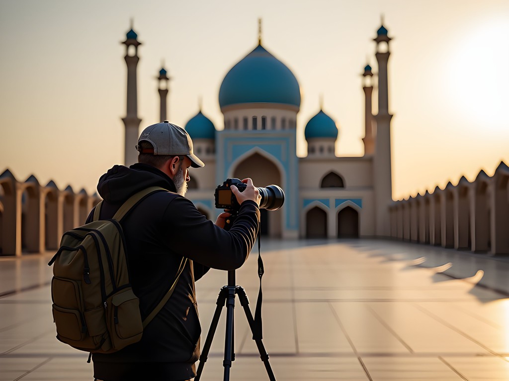 Photographer capturing architectural details of the Blue Mosque in Mazar-i-Sharif