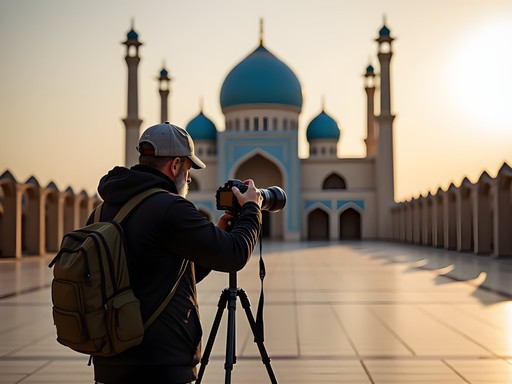 Photographer capturing architectural details of the Blue Mosque in Mazar-i-Sharif
