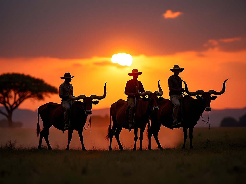 Bahima cattle herders with Ankole longhorn cattle near Lake Mburo at sunset