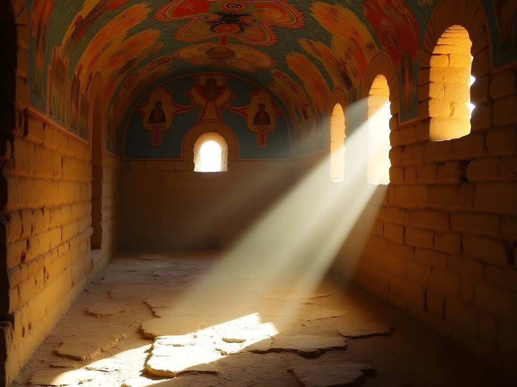 Sunbeams streaming through windows of Maryam Korkor church illuminating ancient frescoes