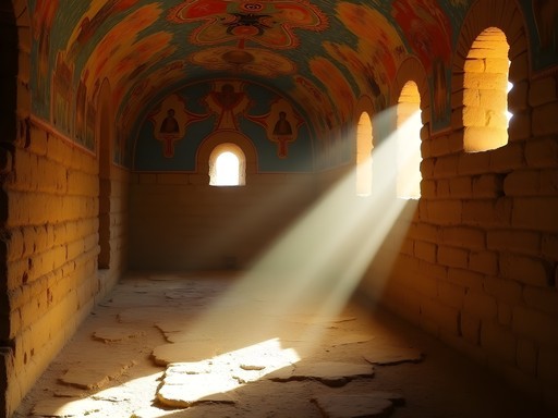 Sunbeams streaming through windows of Maryam Korkor church illuminating ancient frescoes