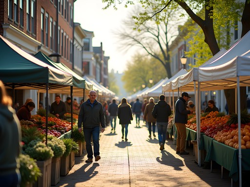 Local farmers market with historic Main Street buildings as backdrop in Middletown Delaware