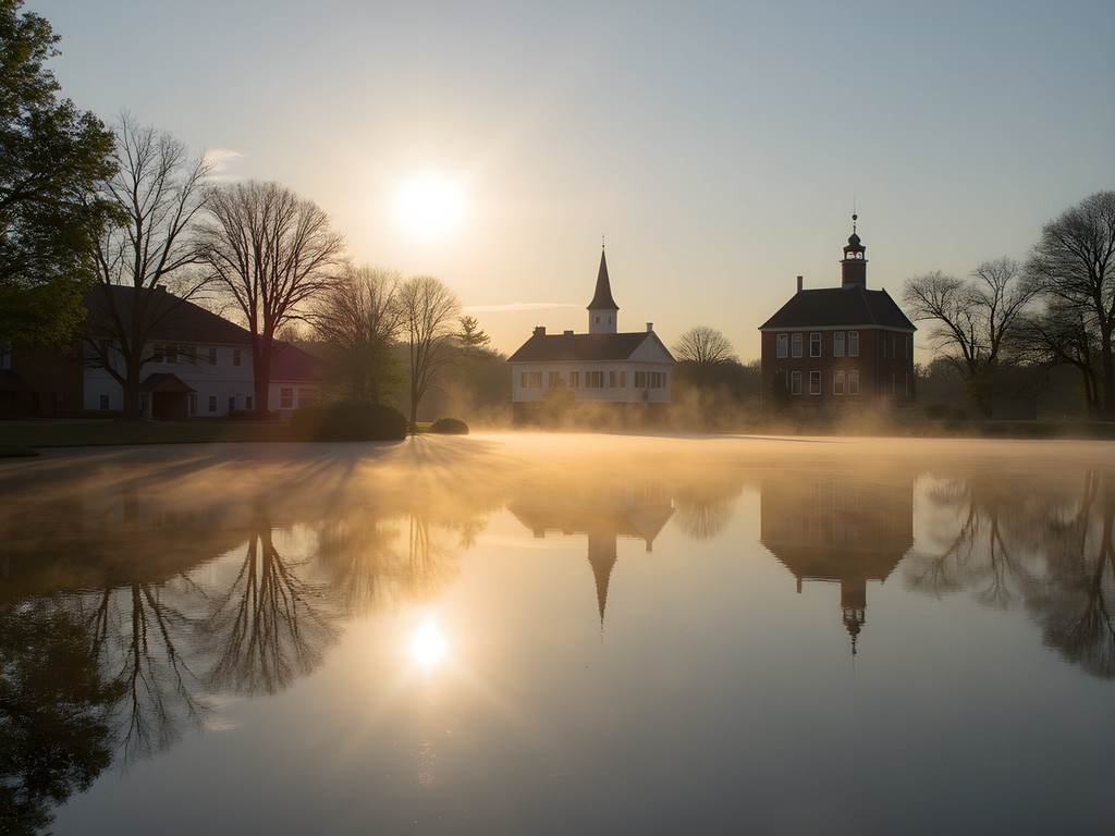 Historic buildings reflected in Silver Lake Park at sunrise in Middletown Delaware