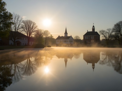 Historic buildings reflected in Silver Lake Park at sunrise in Middletown Delaware