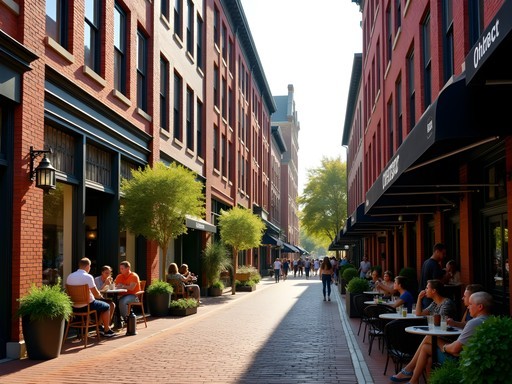 Vibrant street scene in Milwaukee's Historic Third Ward with red brick buildings and outdoor cafes