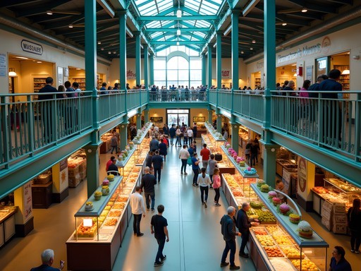 Overhead view of the colorful and bustling Milwaukee Public Market with vendor stalls and shoppers