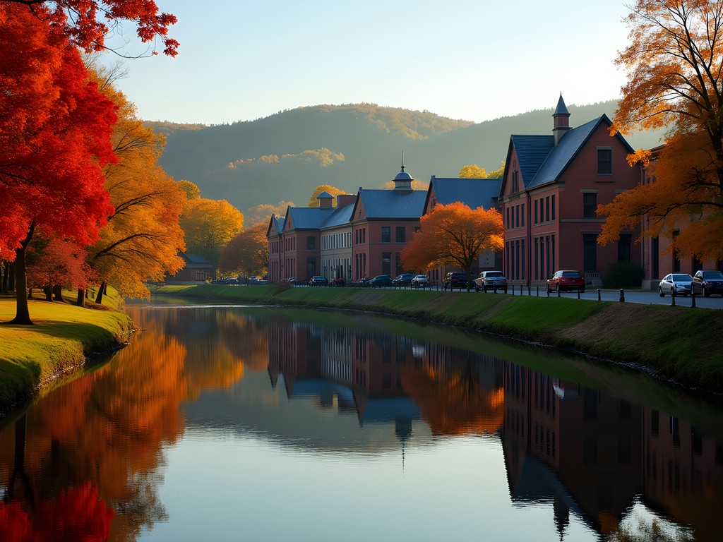 Perfect reflections of autumn foliage and historic buildings in the Winooski River in downtown Montpelier