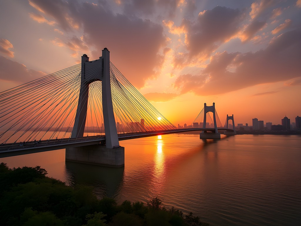 Bandra-Worli Sea Link bridge at sunset with golden light reflecting on water