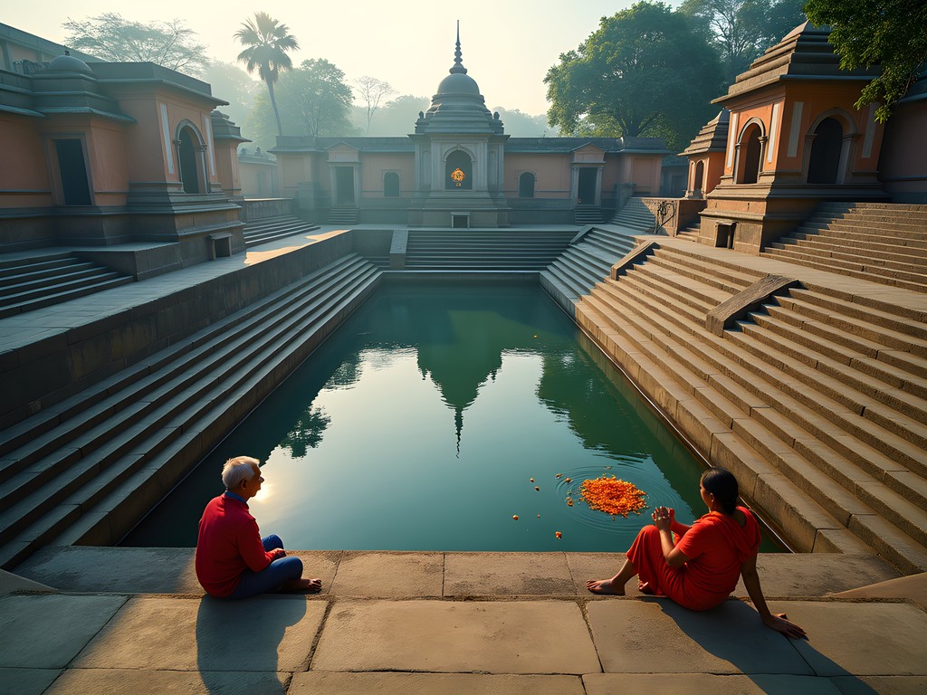Ancient Banganga Tank with temples and stone steps in dramatic afternoon light