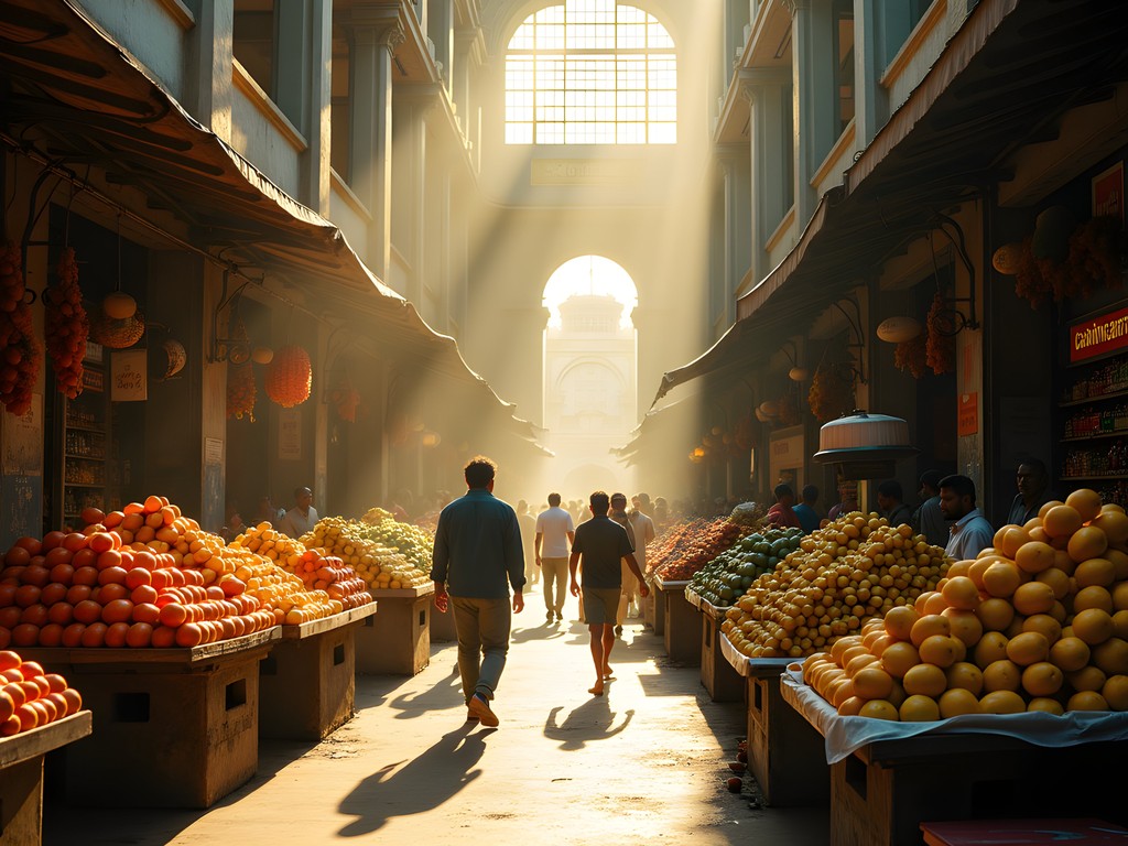 Morning light rays filtering through Crawford Market with fruit vendors arranging colorful displays