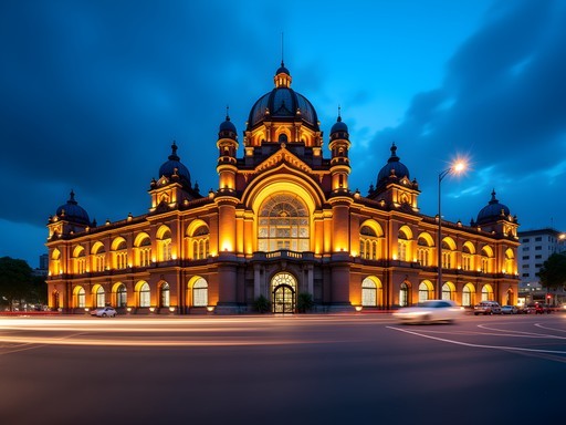 Chhatrapati Shivaji Terminus illuminated at blue hour with light trails from traffic