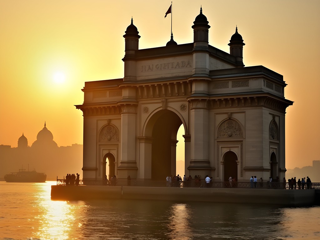 Gateway of India monument bathed in early morning light with Taj Mahal Palace Hotel in background