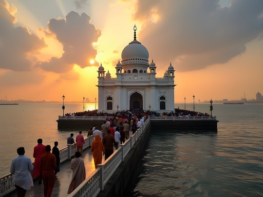 Haji Ali Dargah mosque with devotees walking along the narrow causeway at sunset