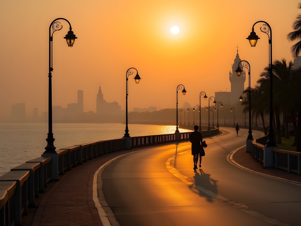 Golden sunrise over Marine Drive's curved promenade in Mumbai