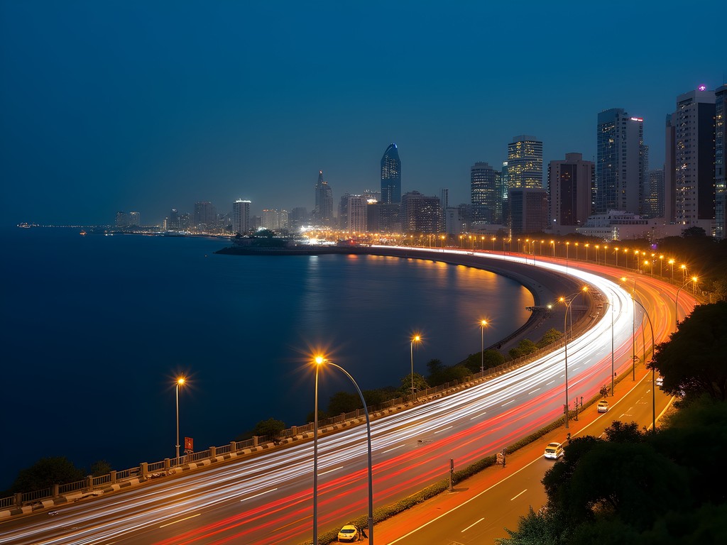 Queen's Necklace view of Marine Drive at night with curved lights and traffic trails