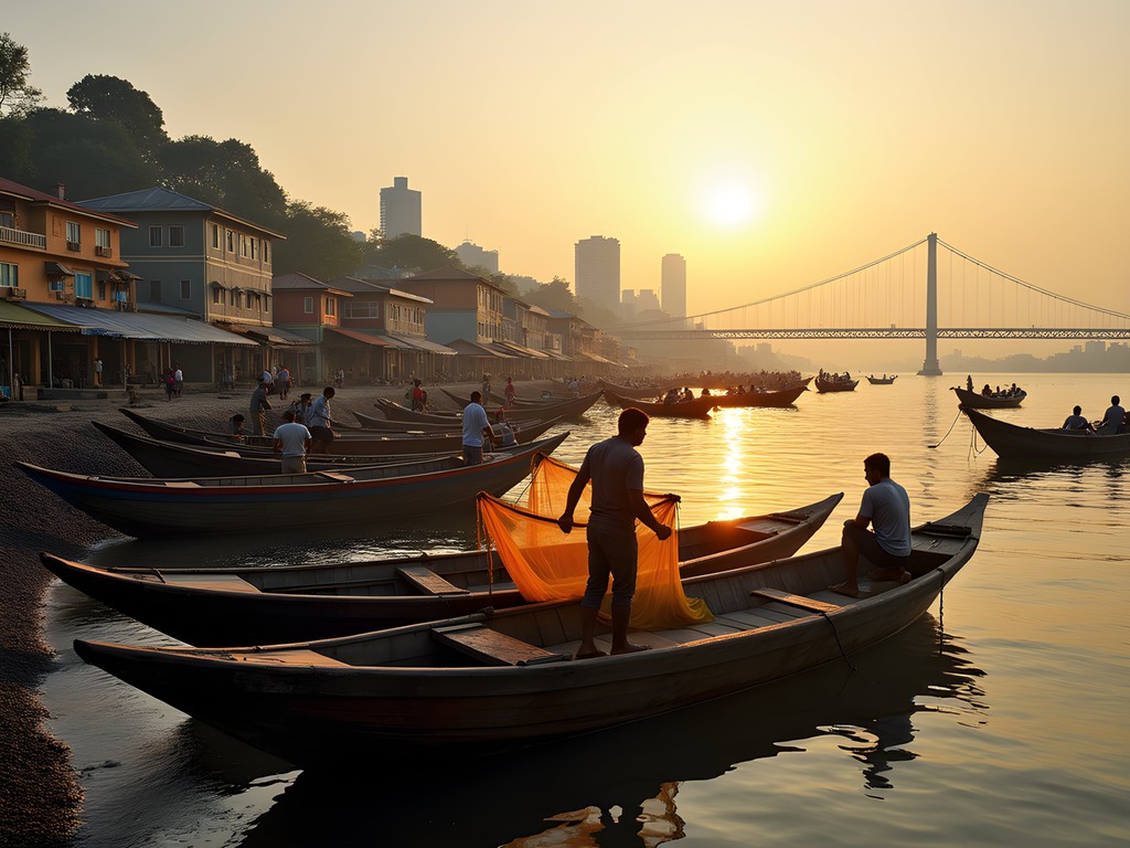 Traditional fishing boats at Worli Village with modern Mumbai skyline and Sea Link in background