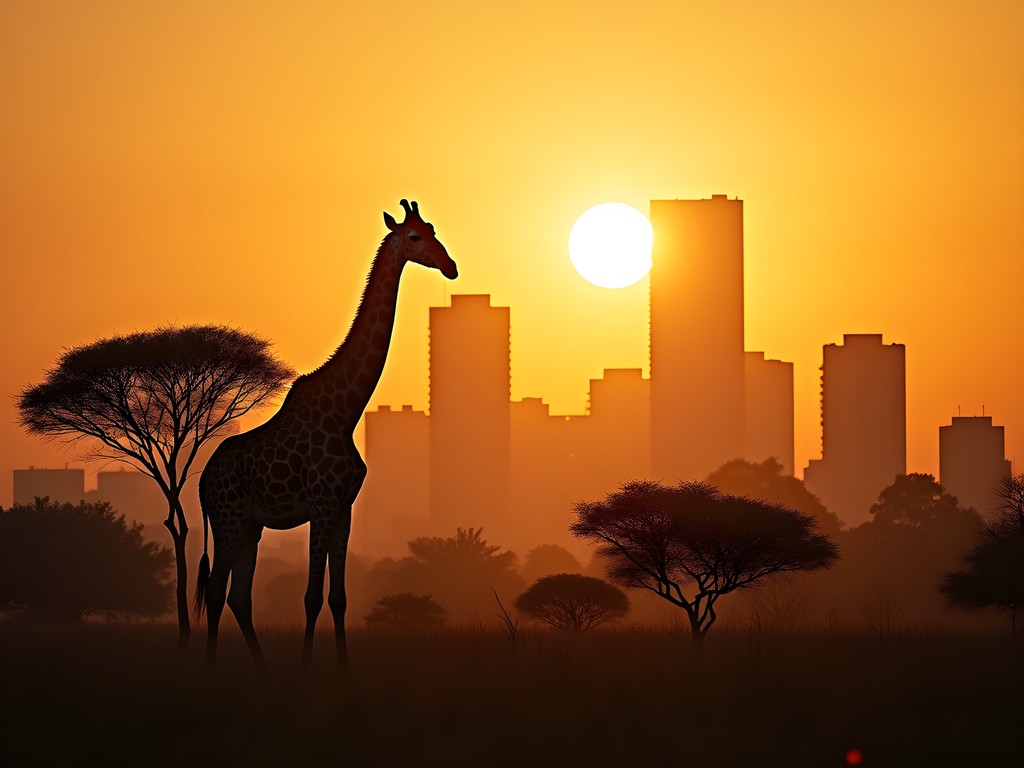 Giraffe silhouette against Nairobi skyline at sunrise in Nairobi National Park
