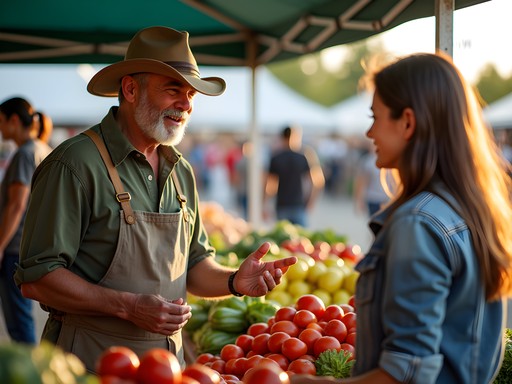 Local farmer discussing crops with photographer at Nampa Farmers Market