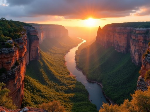 Dramatic sunrise panorama of Blyde River Canyon with golden light on Three Rondavels