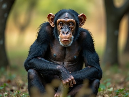 Rescued chimpanzee in natural habitat enclosure at Jane Goodall's Chimp Eden near Nelspruit