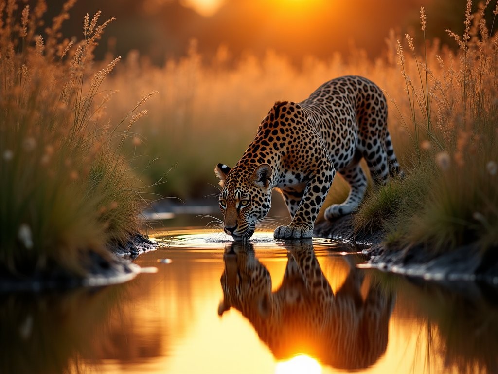 Leopard drinking at waterhole in golden dawn light at Kruger National Park
