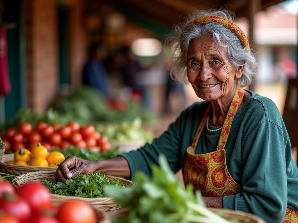 Environmental portrait of elderly market vendor with traditional produce at Sonpark Farmers Market
