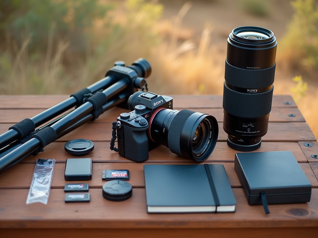 Professional camera gear layout for wildlife photography in Nelspruit