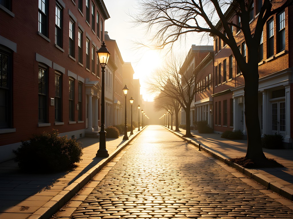 Morning light on cobblestone street in New Bedford Historic District