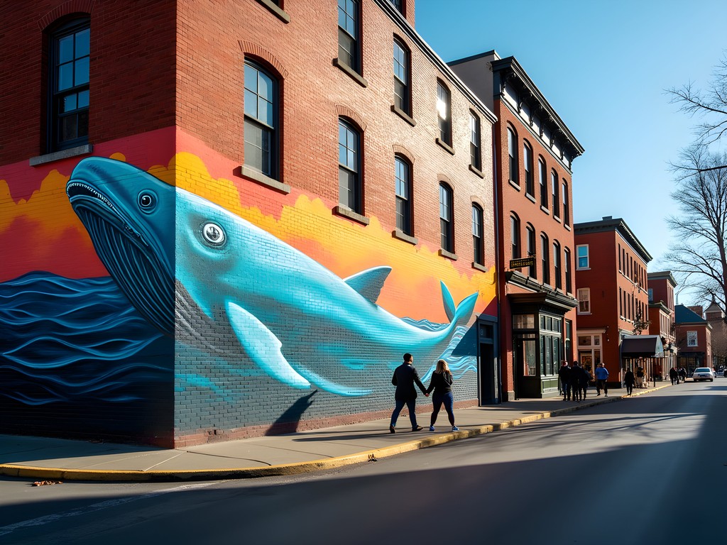 Vibrant whale mural contrasting with historic New Bedford architecture
