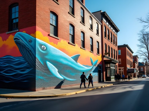 Vibrant whale mural contrasting with historic New Bedford architecture