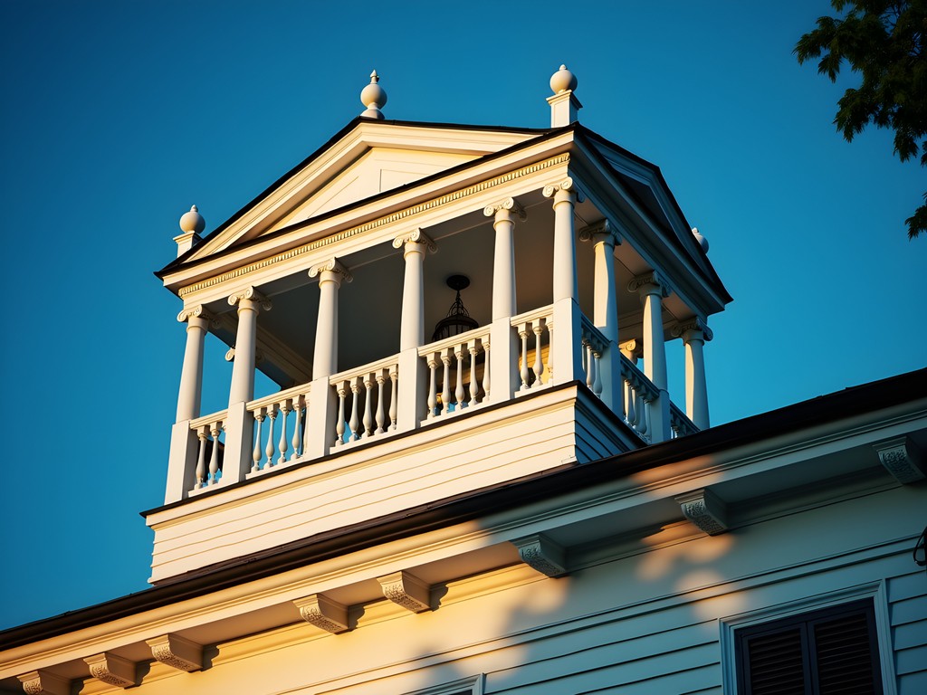 Ornate widow's walk detail on historic New Bedford mansion with evening light
