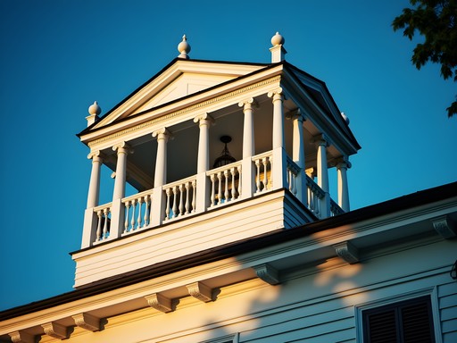 Ornate widow's walk detail on historic New Bedford mansion with evening light