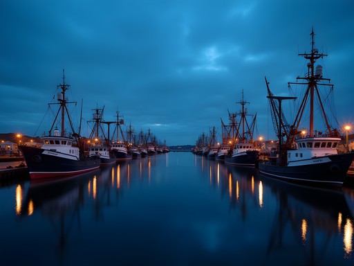 New Bedford fishing fleet at blue hour with dramatic sky and harbor lights