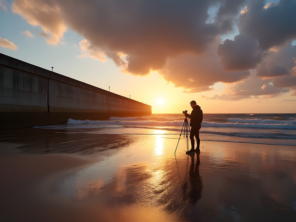 Photographer capturing sunset at the New Bedford Hurricane Barrier