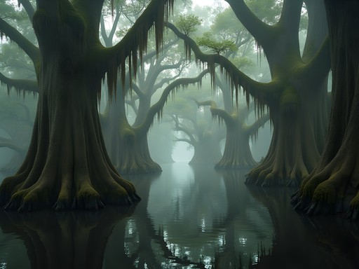 Louisiana bayou cypress trees with Spanish moss reflected in dark water