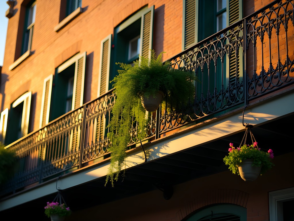 Wrought-iron balconies in French Quarter during golden hour with hanging ferns