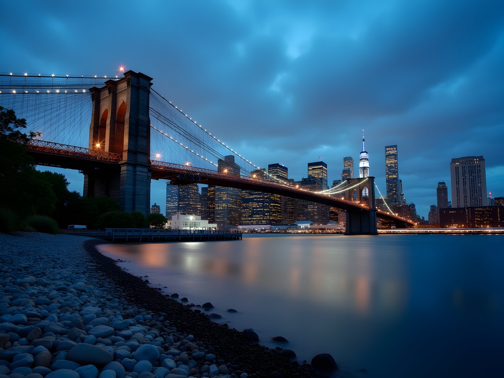 Manhattan skyline and Brooklyn Bridge at blue hour from Brooklyn Bridge Park