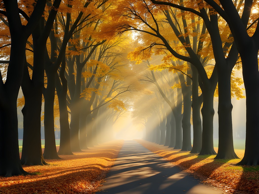 The Mall in Central Park at dawn with golden autumn leaves