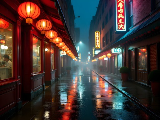Neon reflections on wet streets in NYC Chinatown at night